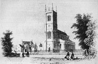 This shows a drawing of Holy Trinity Church carried out prior to the arrival of the railway line in 1848.